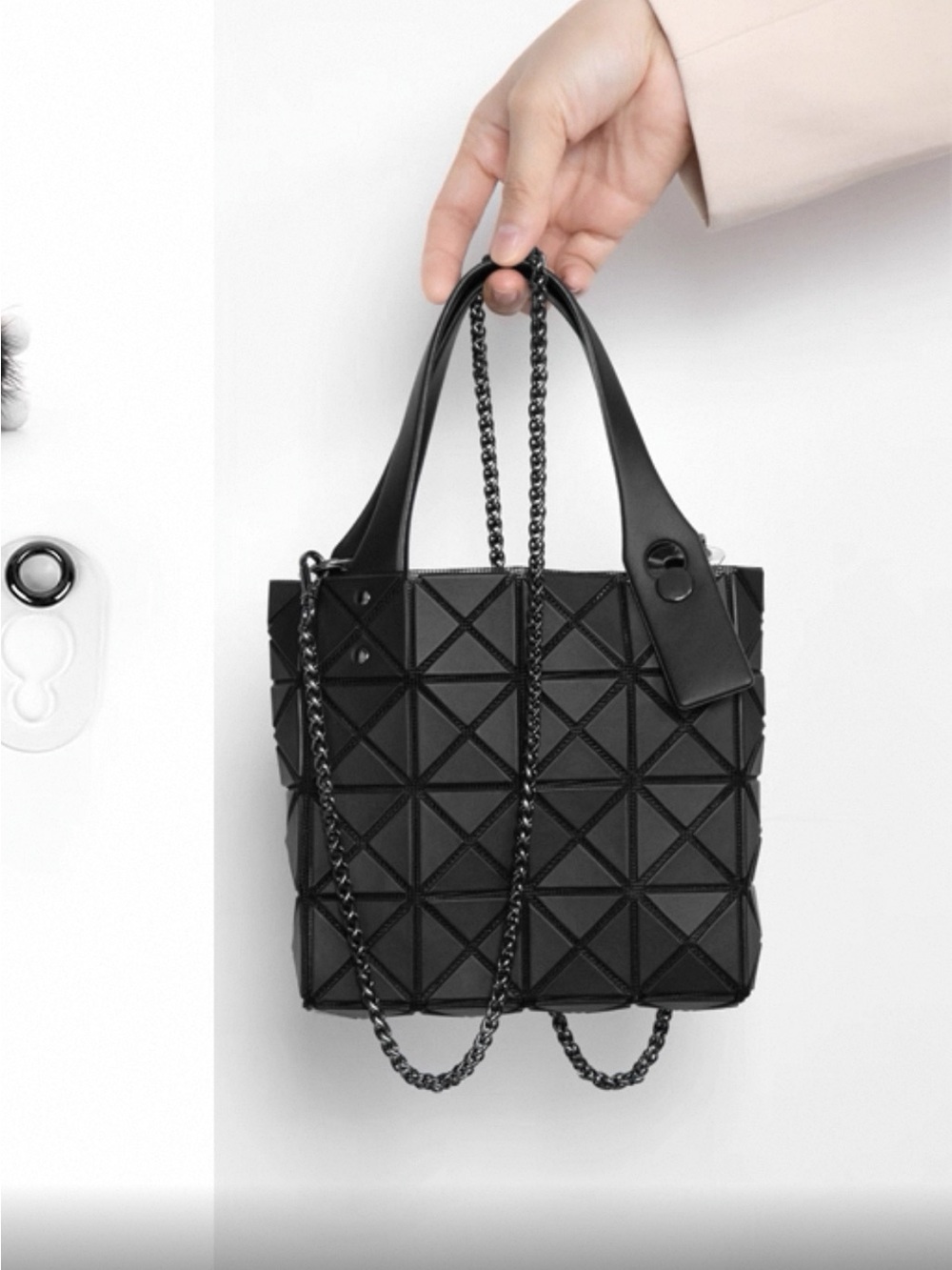 Modern Geometric Black Tote Bag with Chain Strap